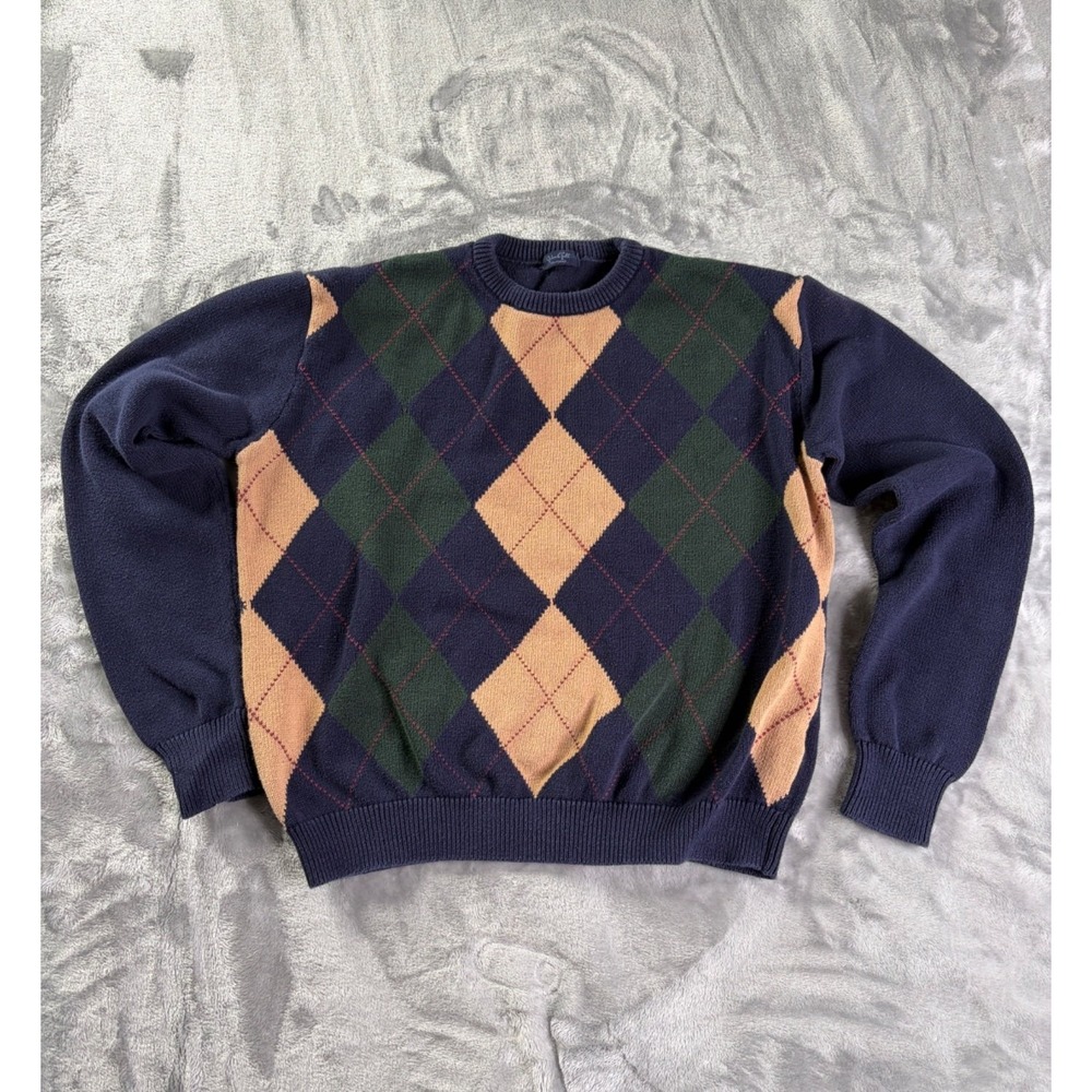 J. Galt Sweater Men Sz M Argyle Navy Blue Green Crew Neck Long Sleeve Cotton Tan